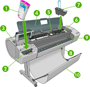 HP Designjet T770 and T1200 Printer Series - The printer's main components  | HP® Customer Support