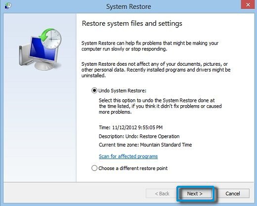 The screen to undo System Restore, with Next selected