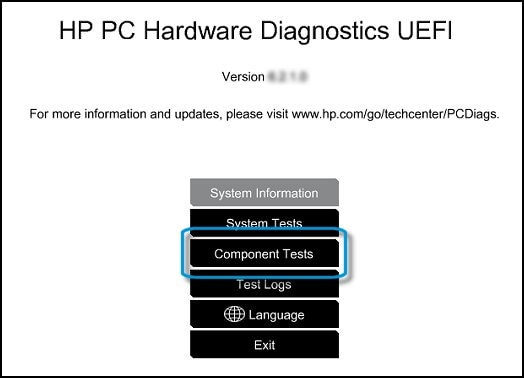 UEFI Main menu with Component Tests selected