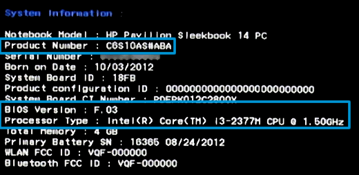 System Information lists the product number and BIOS version.