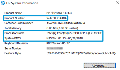 HP System Information window