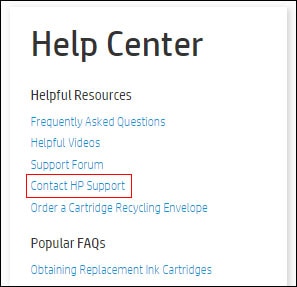 Clicking Contact HP Support on the account page