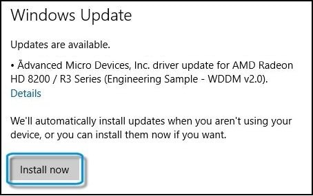Pantalla de Windows Update con opción Instalar ahora seleccionada