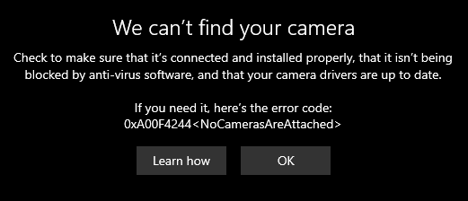 We can't find your camera error message