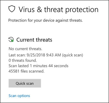 Экран "Защита от вирусов и угроз" с вариантами сканирования