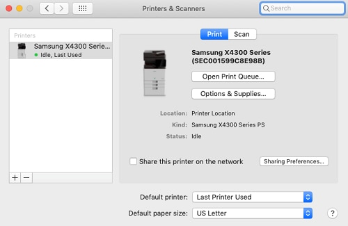 Image shows Printers & Scanners dialog box with Printers list