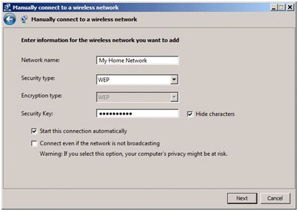 Imagem da janela de conexão manual a uma rede sem fio