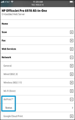 AirPrint Status menu in the printer Embedded Web Server on an iOS device