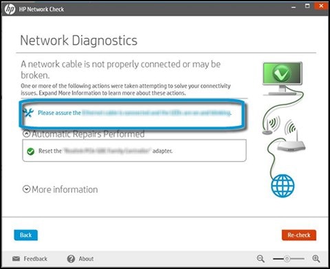 HP Network Check tool icon highlighted