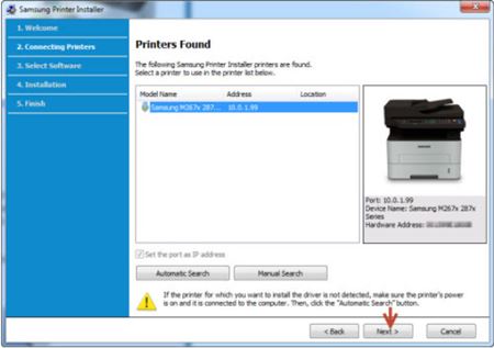 Image shows printers found from Printer Installer