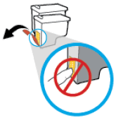 Illustration : Retirez le ruban adhésif et évitez de toucher les contacts de la cartouche d'encre ou les buses d'encre