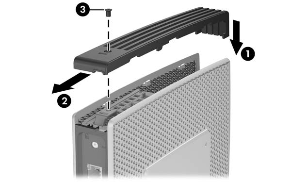 圖例說明拆下安全 USB 隔間護蓋的三個步驟。