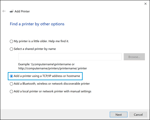 Selecting Add a printer using TCP/IP address or hostname