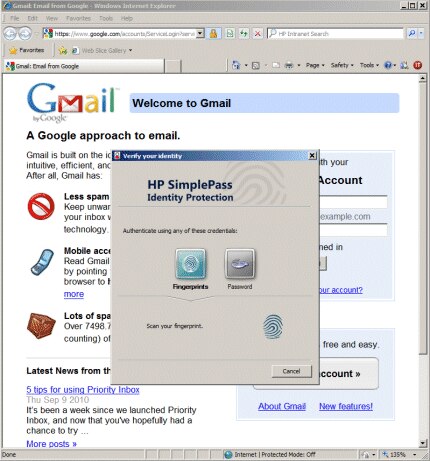 Illustration de l'écran de vérification pour HP SimplePass.