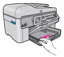 Illustration: Lift the output tray and slide the paper-width guide outwards.