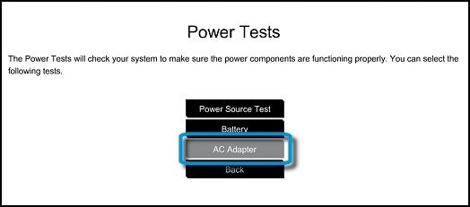 Power Tests menu with AC Adapter selected