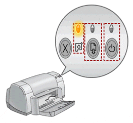 Afbeelding: Het aan-uitlampje, het Hervatten-lampje en het cartridge-lampje knipperen afwisselend