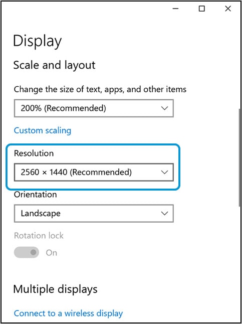 Resolution drop-down menu in Display settings