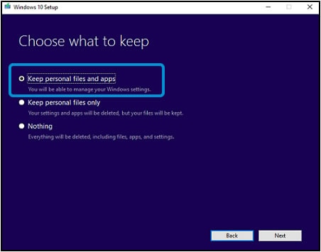 Choosing to keep personal files and apps or personal files  on the Choose what to keep window