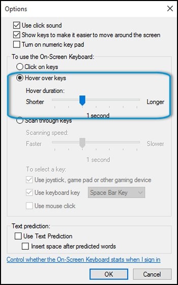 Экранная клавиатура с выбранным режимом наведения указателя на клавиши и длительностью наведения 1 секунда