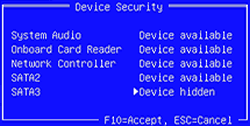 Menú de seguridad de dispositivos en la Utilidad de configuración del BIOS