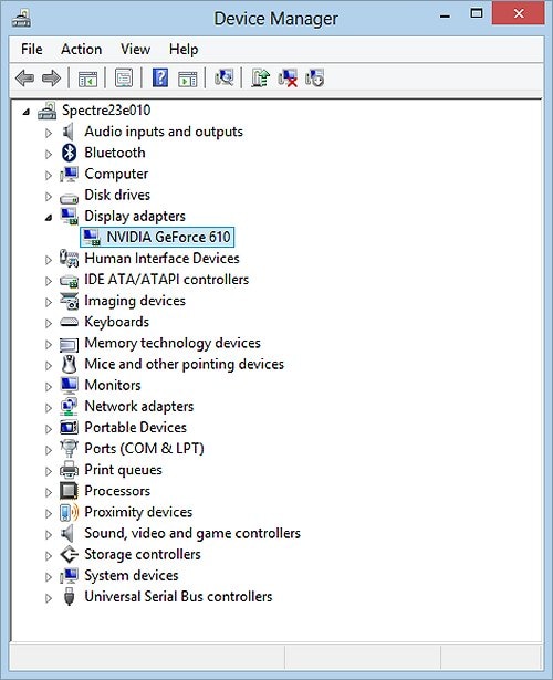 Device Manager with display adapter selected