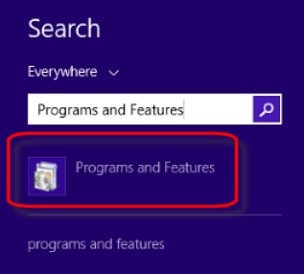 Search field with Programs and Features selected