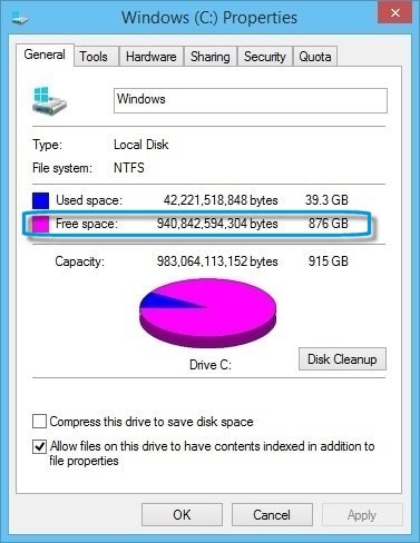 Hard drive properties showing amount of free space available