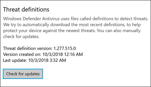 Threat definitions screen with Check for updates