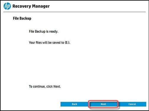 Schermata di immagine del supporto backup file inserito