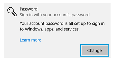 Clicking Change in the Password section of the Sign-in options window