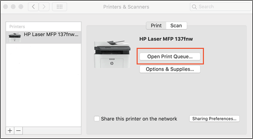 Click Open Print Queue under the name of the printer in macOS