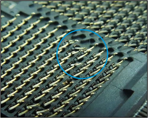 Example of bent pins on the motherboard