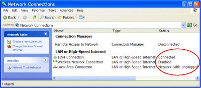 Image of the network connection screen showing the status.