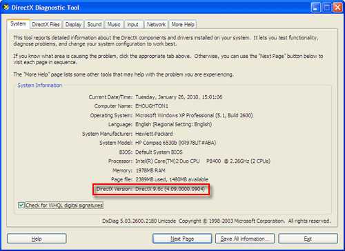 DirectX Diagnostic Tool in Windows XP