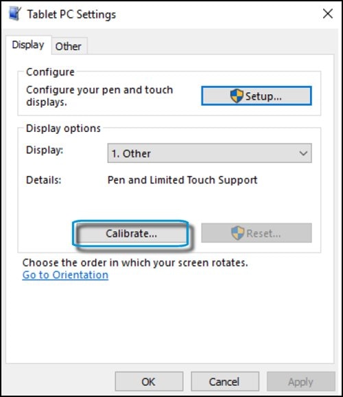 Tablet PC Settings with Calibrate selected