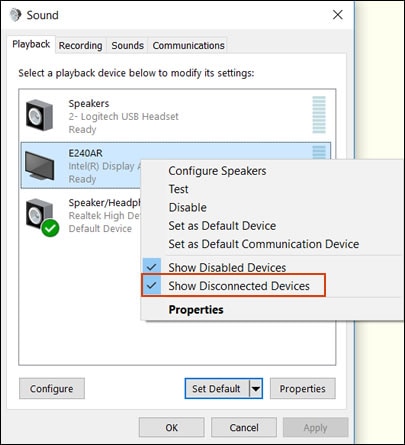 Selecting Show Disconnected Devices