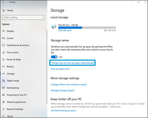Storage sense settings with Change how we free up space automatically selected