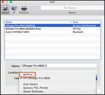 Select AirPrint from the Use menu