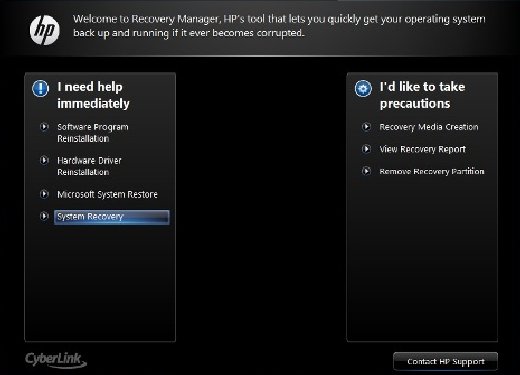 Hovedskjermbildet i Recovery Manager med Systemgjenoppretting valgt
