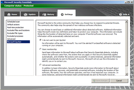 Afbeelding van het venster Instellingen van Microsoft SpyNet