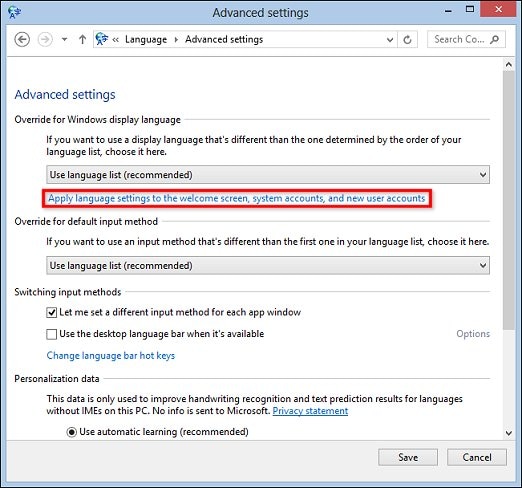 Advanced settings window with Apply language settings to the welcome screen, system accounts, and new user accounts selected