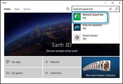 Searching for the Network Speed Test app in the Microsoft Store