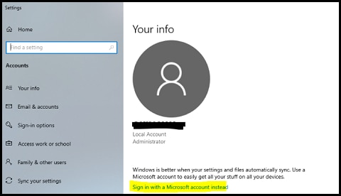 Selecting to sign in with a Microsoft account on the Account page