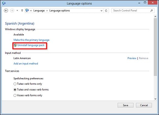 Image of Language options window with Uninstall language pack selected