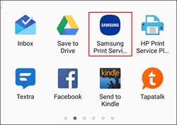 Example of the Share menu showing the Samsung Print Service Plugin