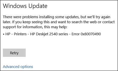 Immagine: Esempio di un errore relativo alla stampante in Windows Update