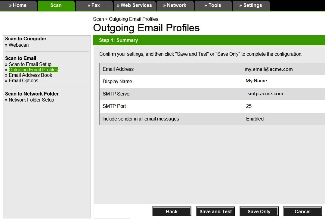 smtp server setting for hp officejet pro 8610 email