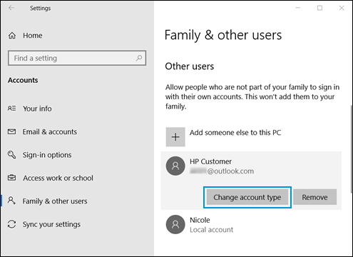 Change account type in the Family & other users window