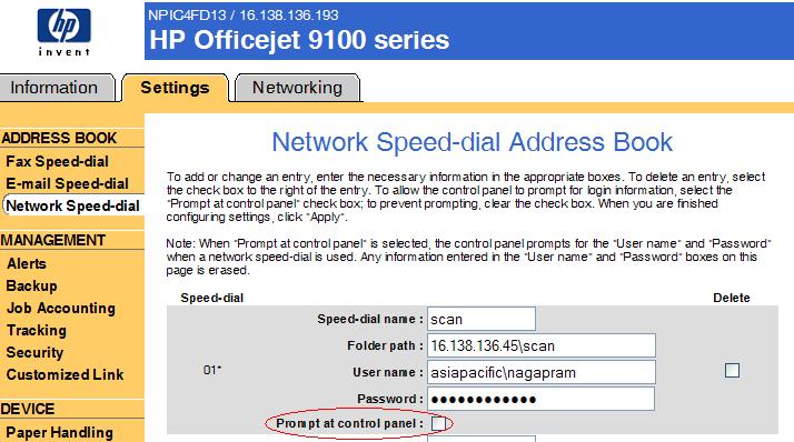 Impresora HP Officejet serie 9100: solicitud de nombre de usuario y  contraseña al escanear a carpeta de red con marcado rápido de red | Soporte  al cliente de HP®